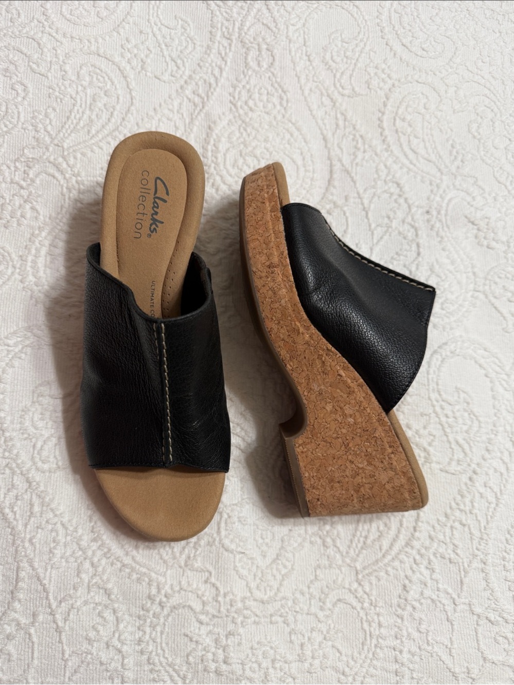 Clarks Size 7.5M Black Leather Cork Platform Wedge Slide Mules